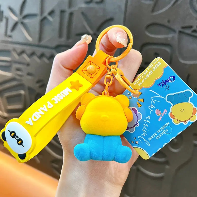 Cute Color Matching Flocking Earphone Bear Keychain Pendant