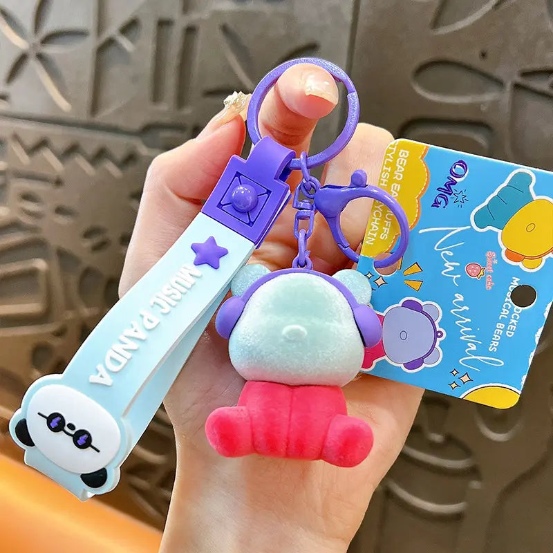 Cute Color Matching Flocking Earphone Bear Keychain Pendant