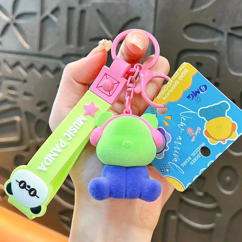 Cute Color Matching Flocking Earphone Bear Keychain Pendant