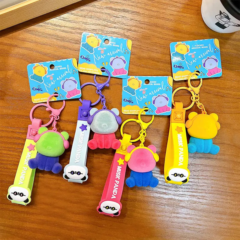 Cute Color Matching Flocking Earphone Bear Keychain Pendant