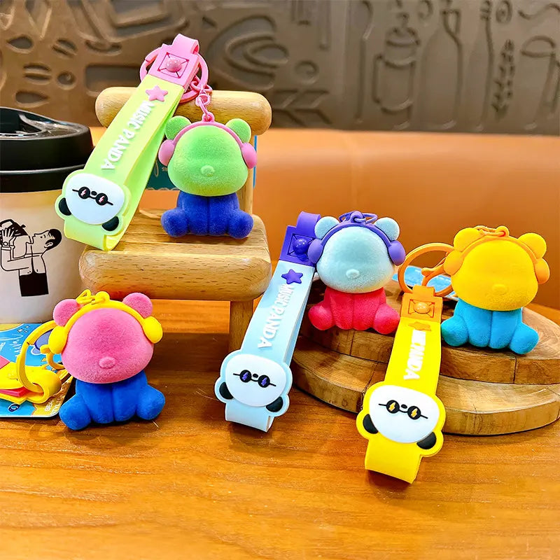 Cute Color Matching Flocking Earphone Bear Keychain Pendant