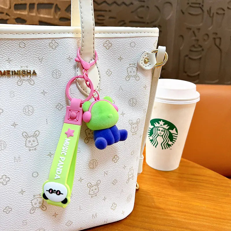 Cute Color Matching Flocking Earphone Bear Keychain Pendant