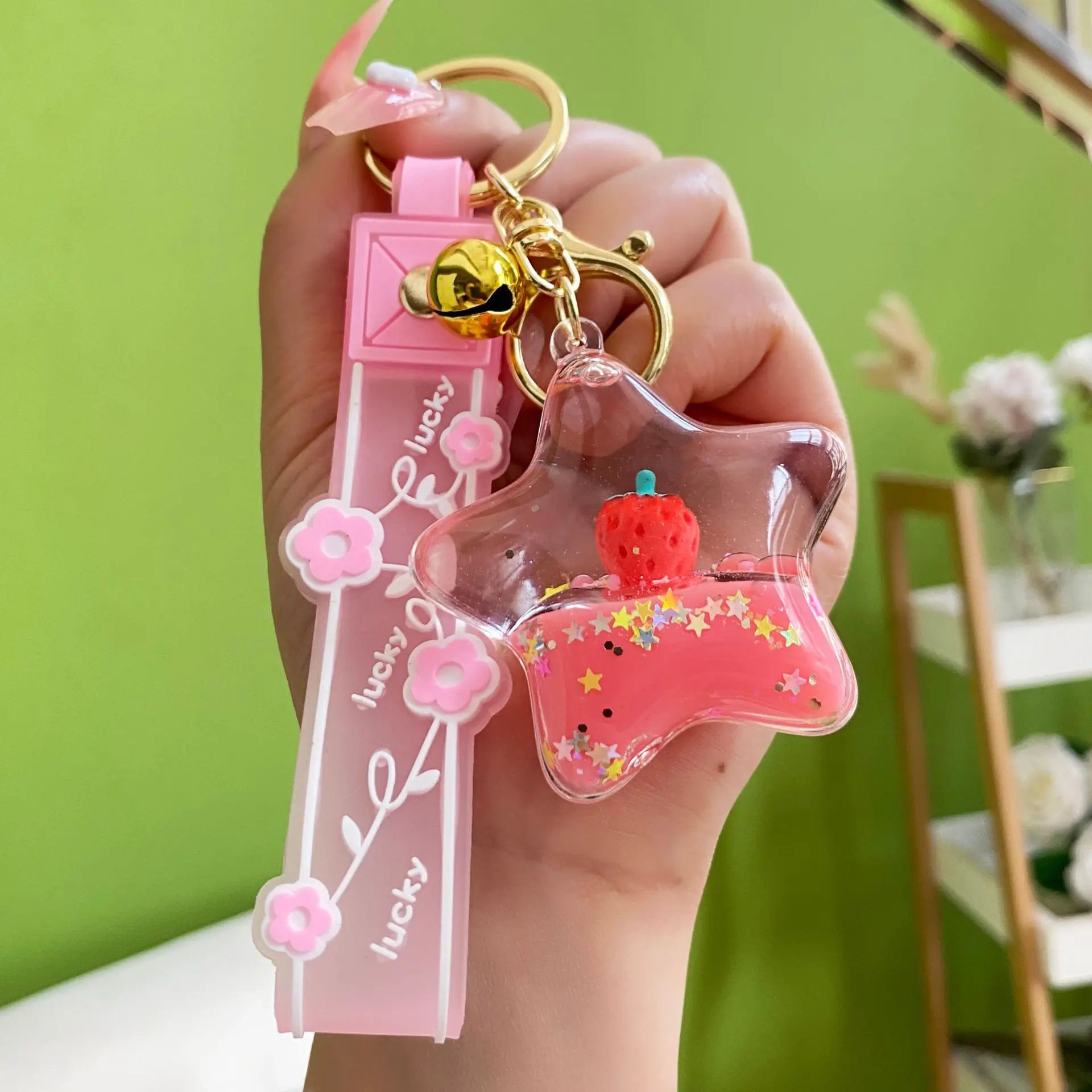 Floating Strawberry Liquid Quicksand Keychain Pendant