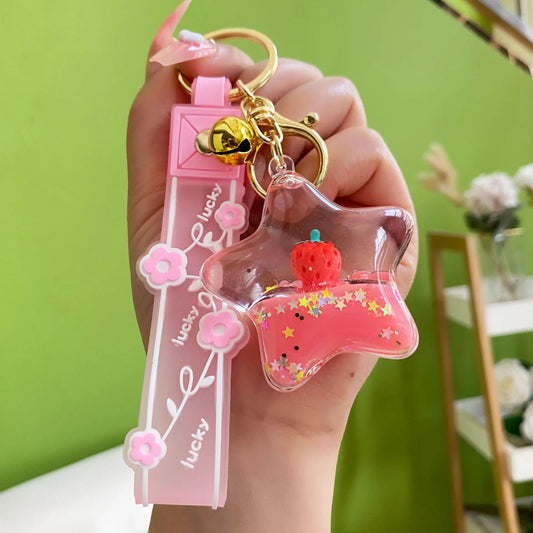 Floating Strawberry Liquid Quicksand Keychain Pendant