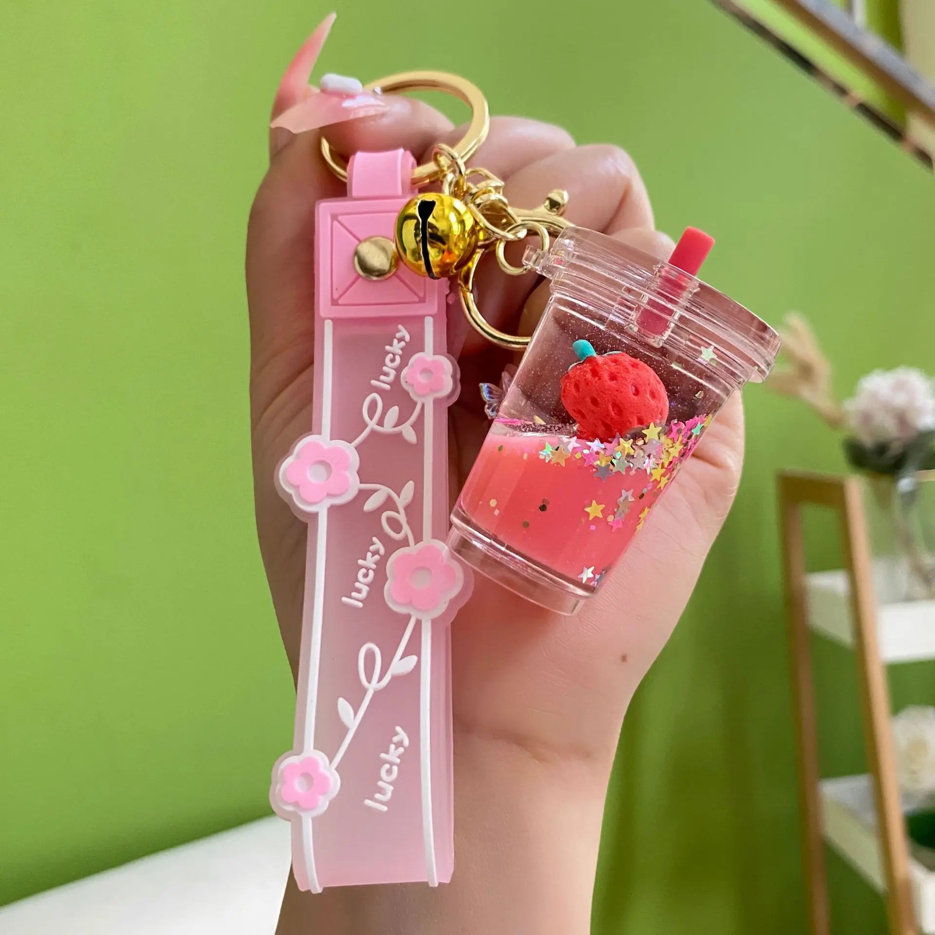 Floating Strawberry Liquid Quicksand Keychain Pendant