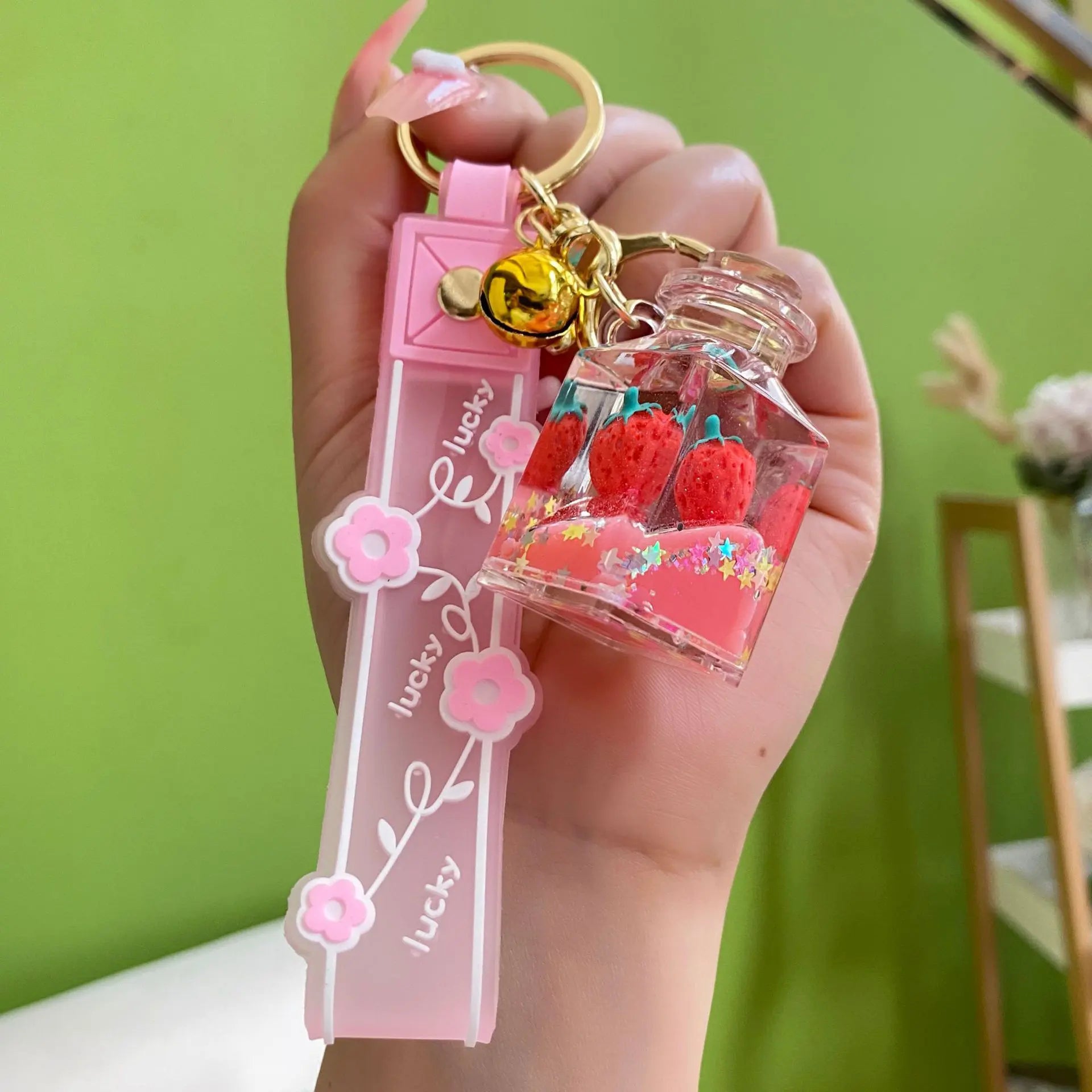 Floating Strawberry Liquid Quicksand Keychain Pendant