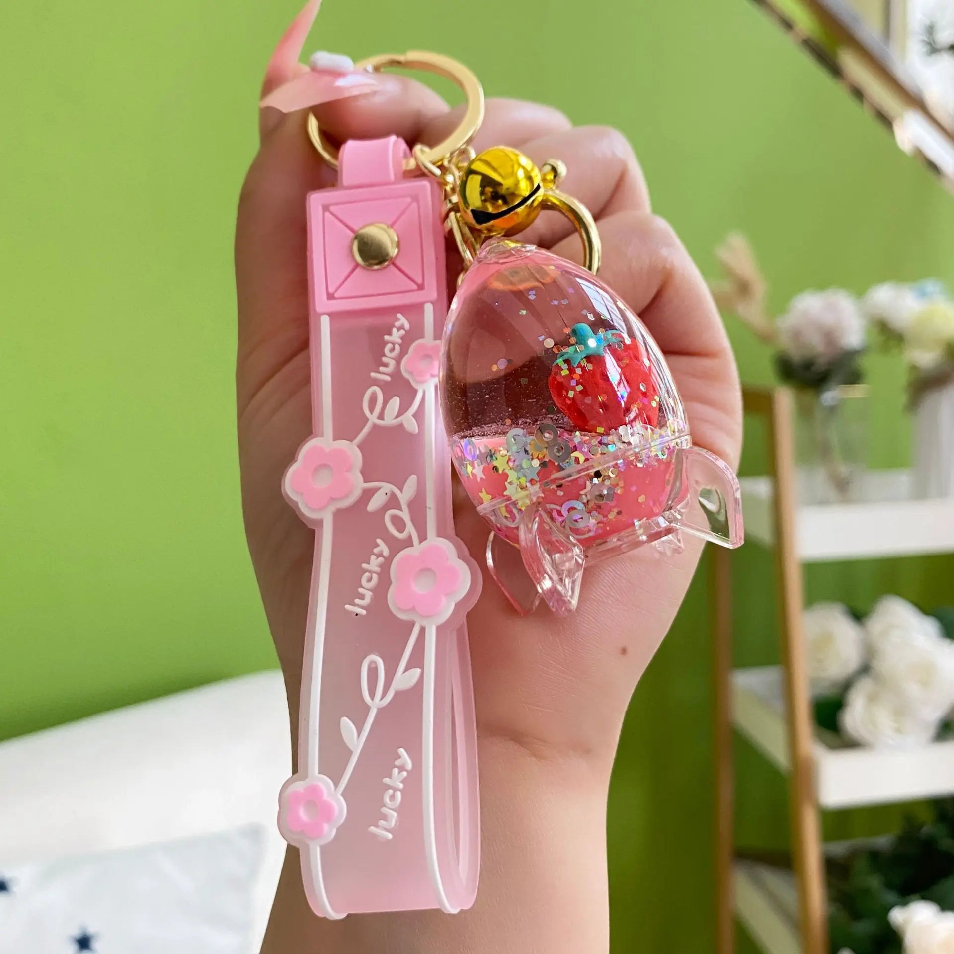 Floating Strawberry Liquid Quicksand Keychain Pendant