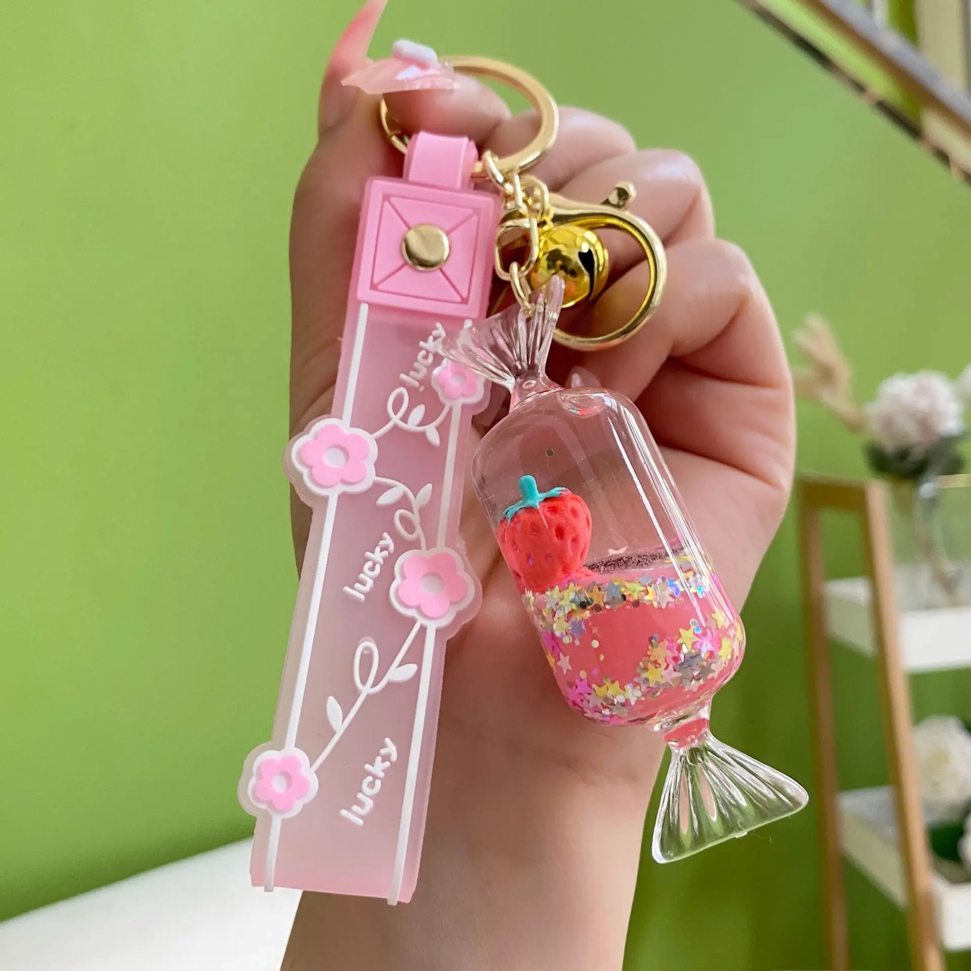 Floating Strawberry Liquid Quicksand Keychain Pendant
