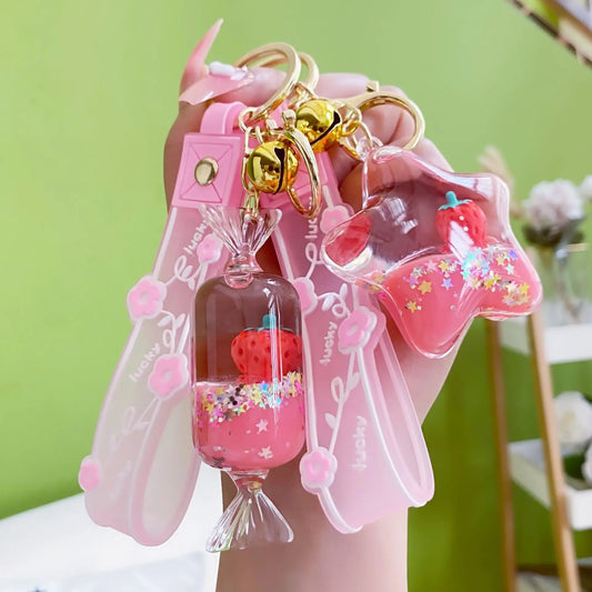 Floating Strawberry Liquid Quicksand Keychain Pendant