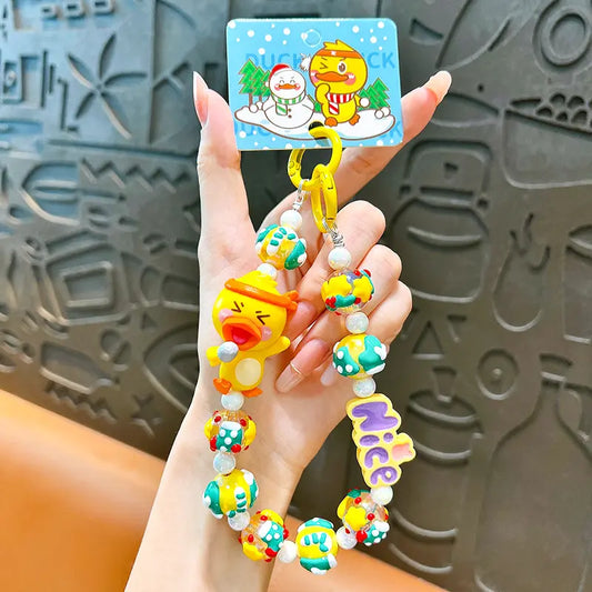 Yellow Duck Christmas Beaded Phone Chain Keychain Pendant