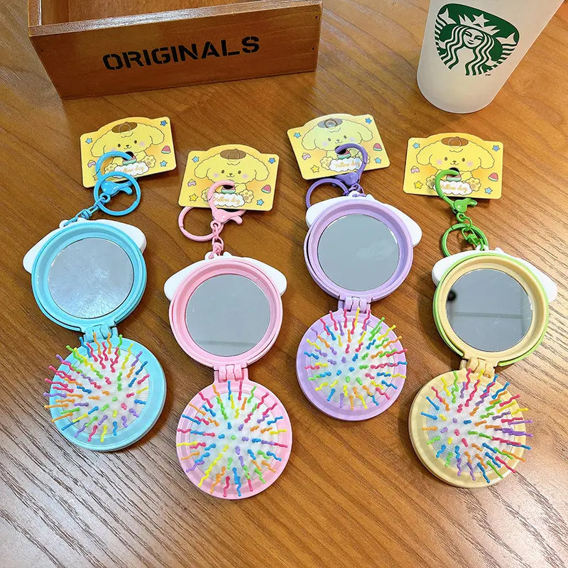 Portable Folding Air Bag Comb Mirror Keychain Pendant
