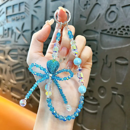 Fashionable Diamond Strawberry Bow Beaded  Phone Chain Keychain Pendant