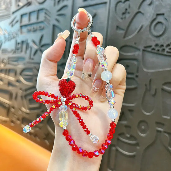 Fashionable Diamond Strawberry Bow Beaded  Phone Chain Keychain Pendant