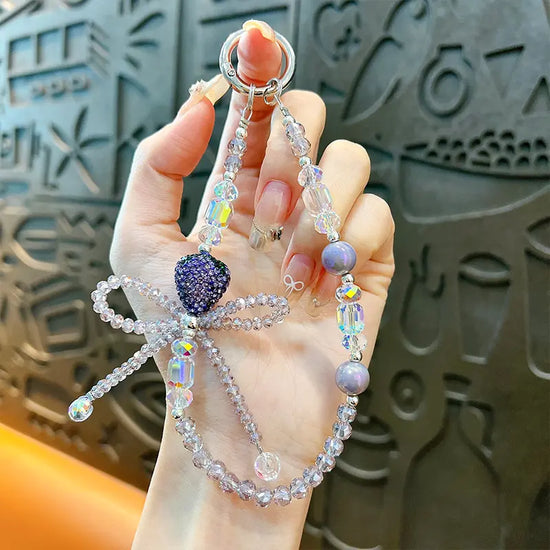 Fashionable Diamond Strawberry Bow Beaded  Phone Chain Keychain Pendant