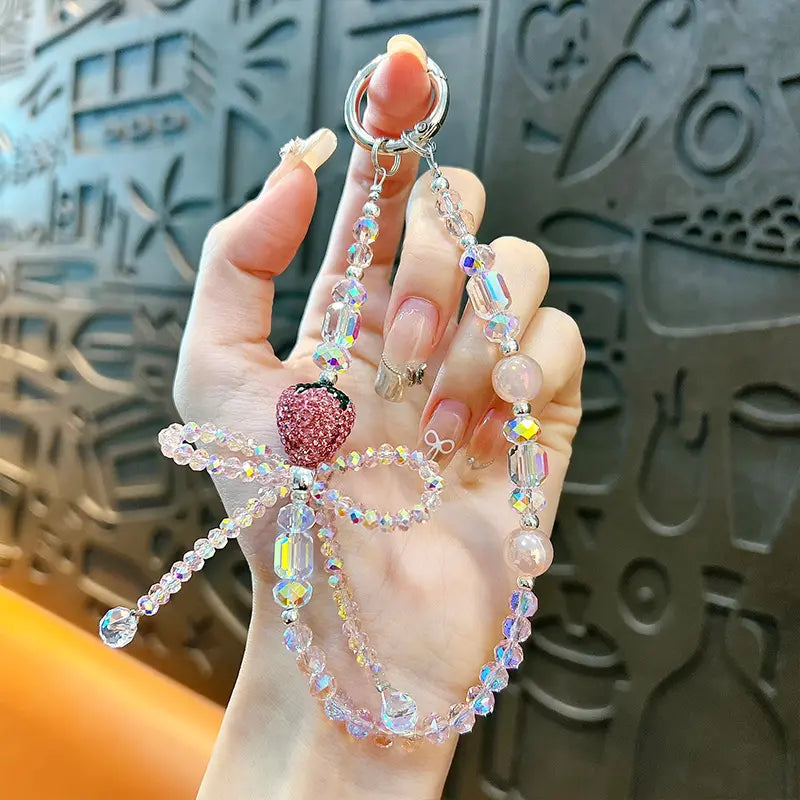 Fashionable Diamond Strawberry Bow Beaded  Phone Chain Keychain Pendant