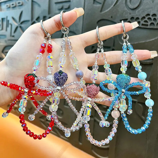 Fashionable Diamond Strawberry Bow Beaded  Phone Chain Keychain Pendant