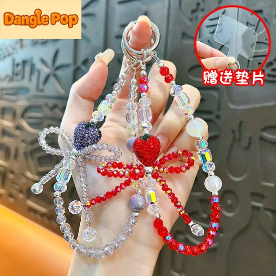 Fashionable Diamond Strawberry Bow Beaded  Phone Chain Keychain Pendant