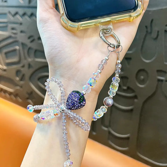 Fashionable Diamond Strawberry Bow Beaded  Phone Chain Keychain Pendant
