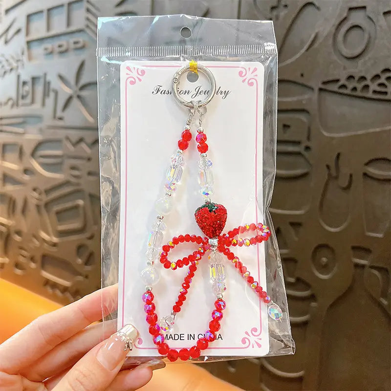 Fashionable Diamond Strawberry Bow Beaded  Phone Chain Keychain Pendant