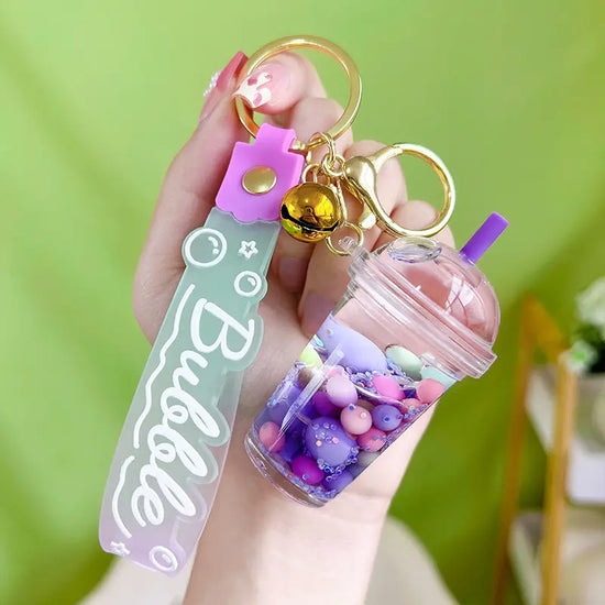 Luminous Sugar Soy Milk Tea Cup Floating Quicksand Keychain Pendant