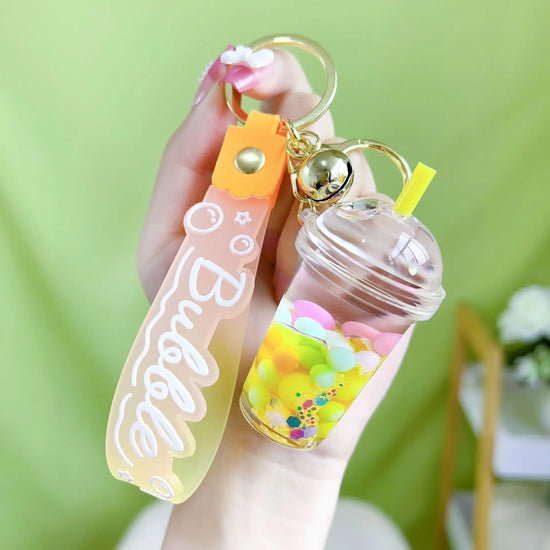 Luminous Sugar Soy Milk Tea Cup Floating Quicksand Keychain Pendant