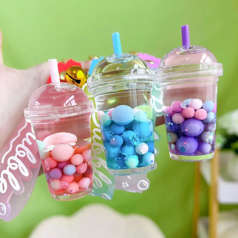 Luminous Sugar Soy Milk Tea Cup Floating Quicksand Keychain Pendant