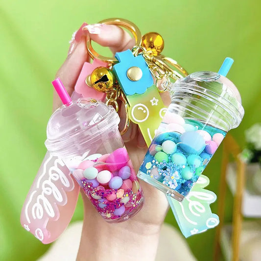 Luminous Sugar Soy Milk Tea Cup Floating Quicksand Keychain Pendant