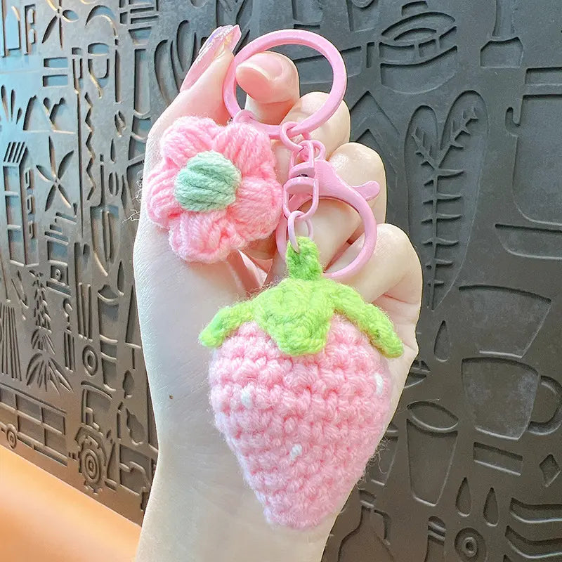 Hand-Woven Wool Strawberry Keychain Pendant