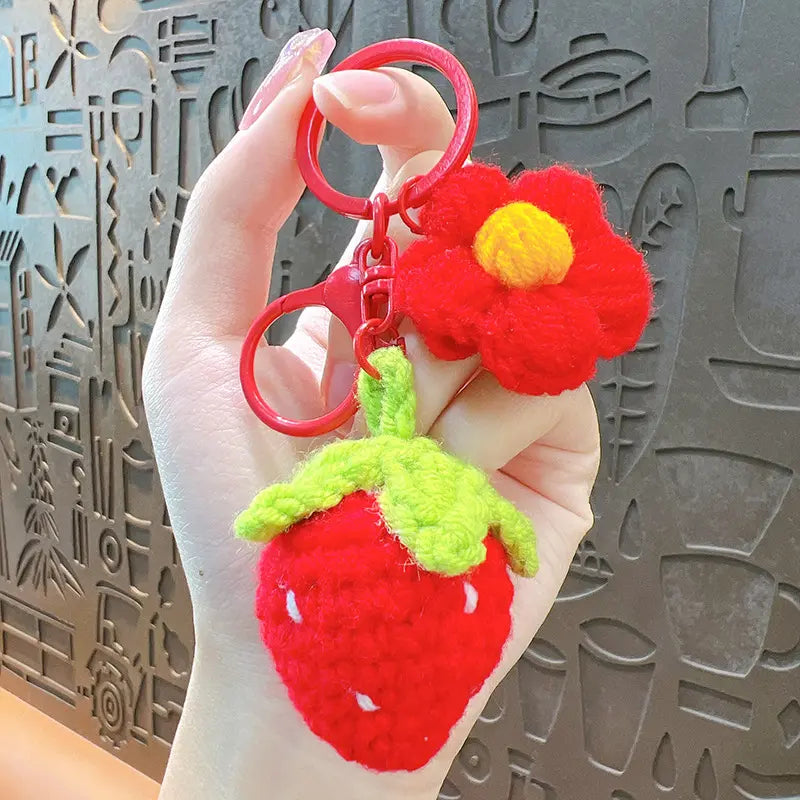 Hand-Woven Wool Strawberry Keychain Pendant