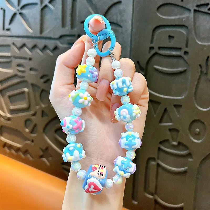 Beaded Square Hand Painted Beads Phone Chain Keychain Pendant