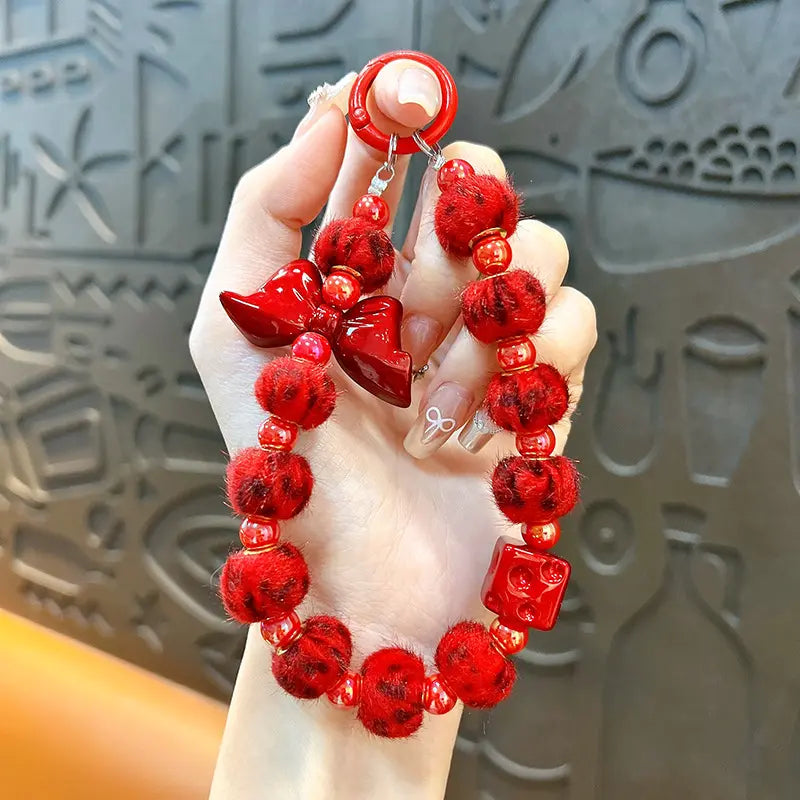 Red Bow Beaded Phone Chain Keychain Pendant
